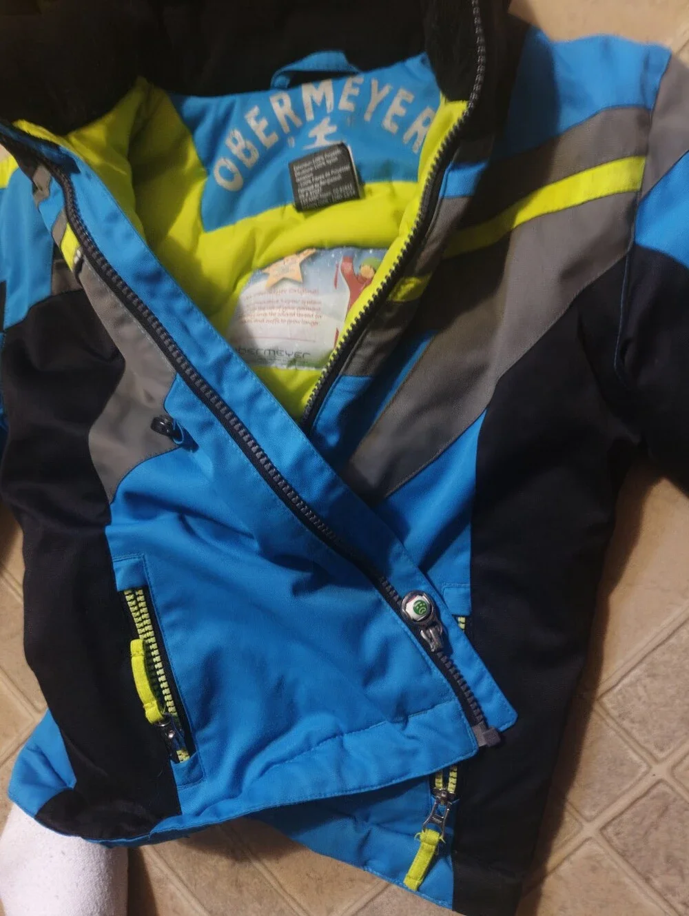 Obermeyer Blue, Gray & Lime Kids Hooded Puffer Jacket